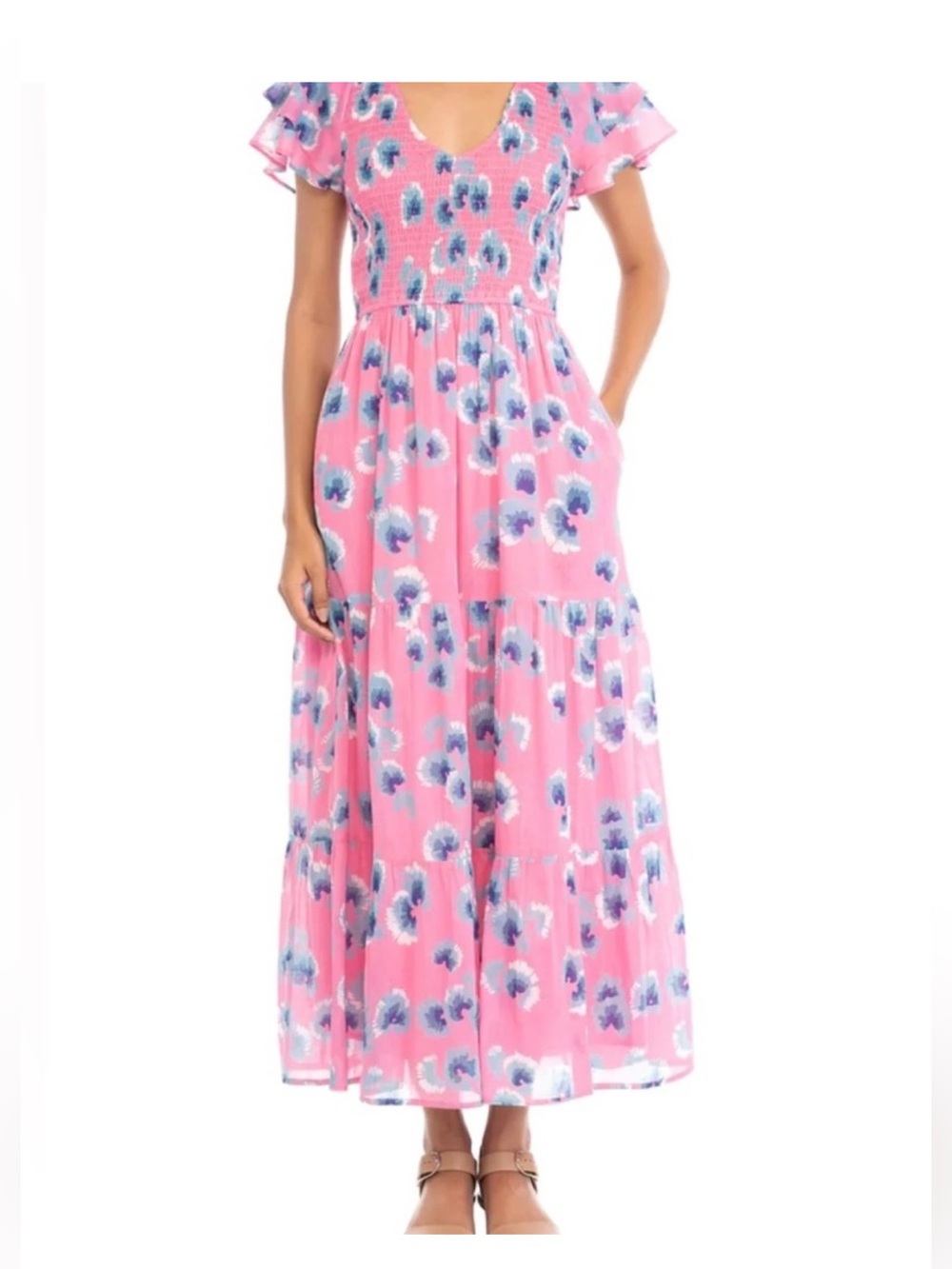 Banjanan Smocked Pink Flutter sleeves midi dress size medium